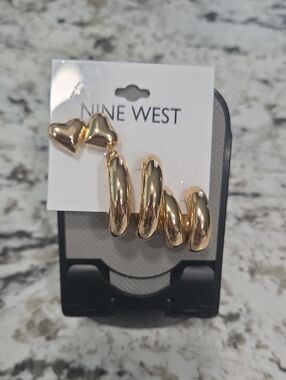 Nine West Gold Heart Studs and Chunky Hoop Set